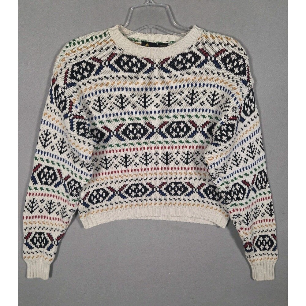 Vtg 90s Liz Sport Cropped Sweater  Womens M White Fair Isle Nordic Holiday Knit